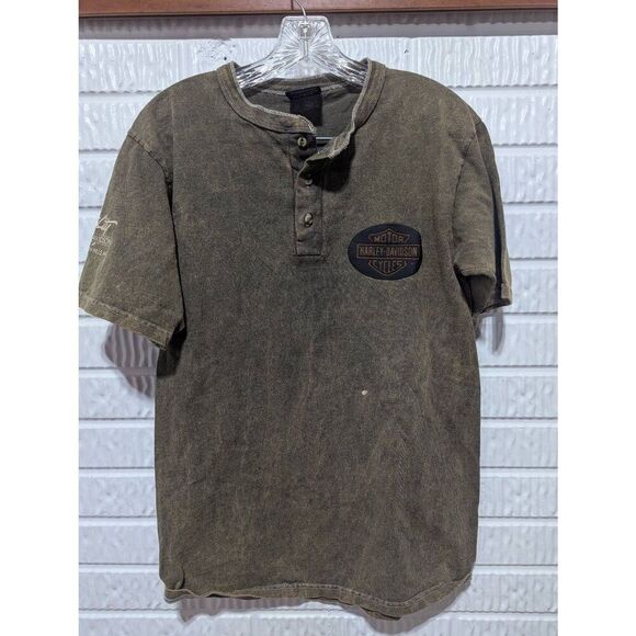 Harley-Davidson Men's Brown Solid Distressed Short-Sleeve Shirt Size M - Picture 1 of 7